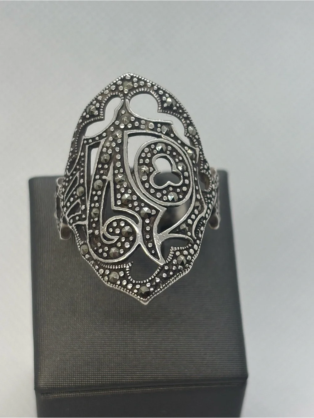 Sterling Silver Filigree Marcasite Cocktail Ring - Silver